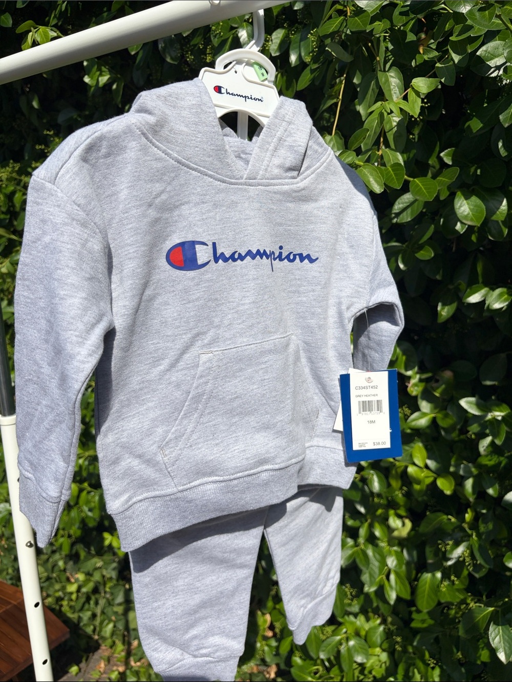 Champion Kids Light Gray Hoodie with Blue & Red Logo
